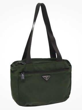 Prada Dark Green Nylon Messenger Bag with Black Straps